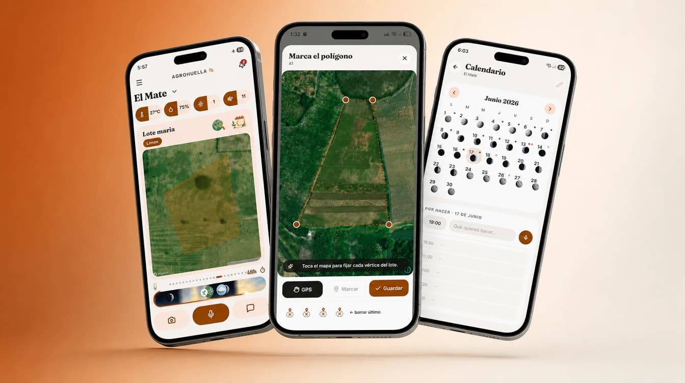 Tres pantallas de Compita, la app del productor: el inicio de la finca con clima y lotes, el mapeo del polígono sobre satélite y el calendario lunar con tareas.