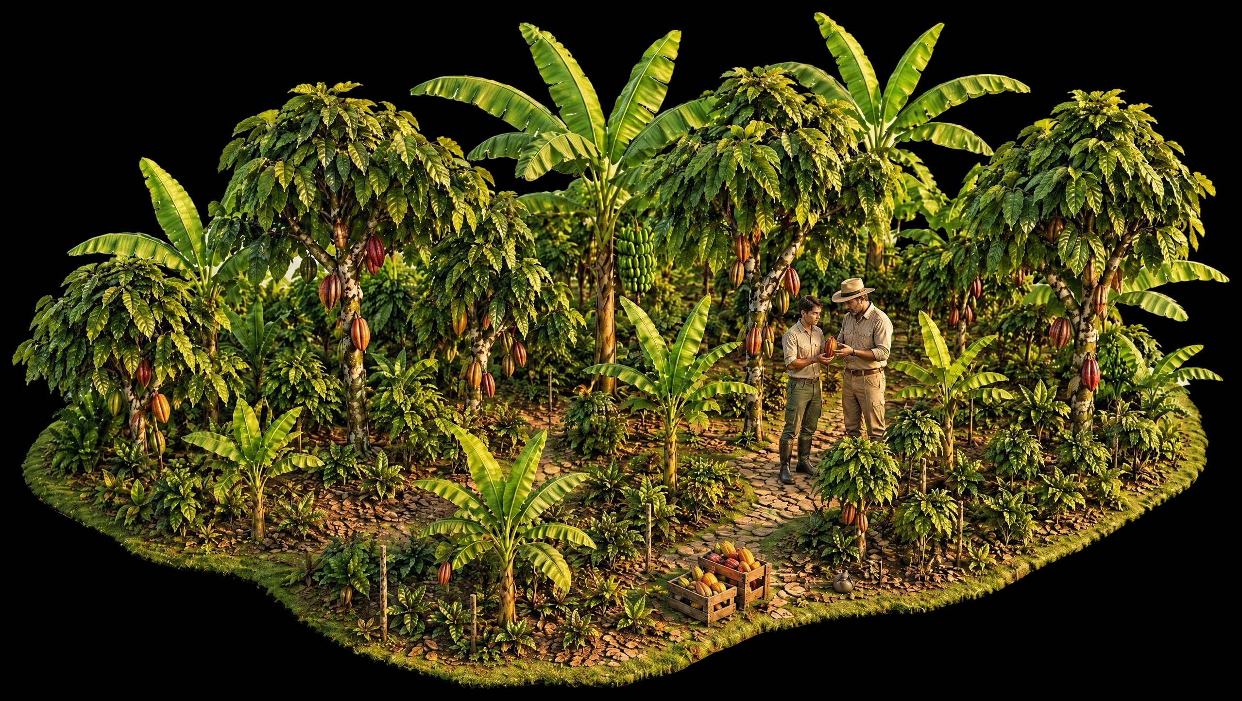 Diorama isométrico de una finca agroforestal de cacao y banano, con un agrónomo y un joven revisando una mazorca de cacao junto a dos cajas de cosecha.
