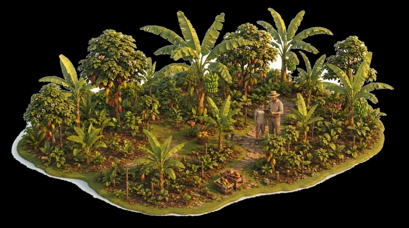 Diorama isométrico de una finca agroforestal de cacao, café y banano, con un agrónomo y un joven revisando una tablet entre los cultivos.